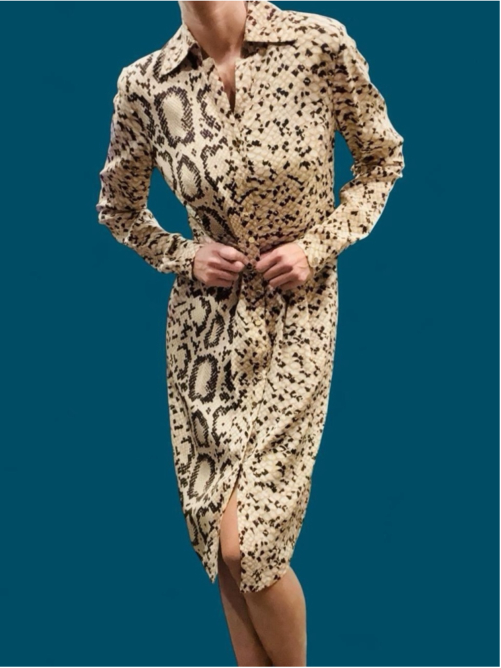 Kay Unger New York 100% Silk Snakeskin Print Shirt Dress Size 6 Animal Print